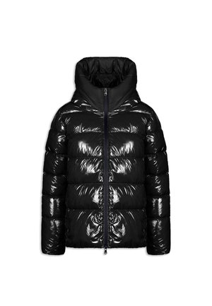 Černá péřová bunda z lesklého materiálu, vybavená zipem, vysokým límcem a šitými vodorovnými panely pro izolaci.