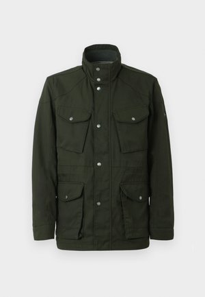 Dark green, mid-length jacket with high collar and silver hardware. Features two chest pockets and two lower side pockets. Smooth texture.