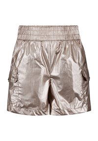 Metalen bronzen shorts met een elastische tailleband, zijzakken en twee cargozakken met een licht gekreukt textuur.