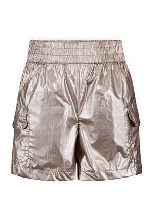 Metalen bronzen shorts met een elastische tailleband, zijzakken en twee cargozakken met een licht gekreukt textuur.