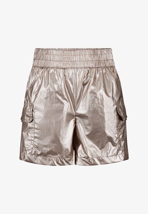 Metalen bronzen shorts met een elastische tailleband, zijzakken en twee cargozakken met een licht gekreukt textuur.