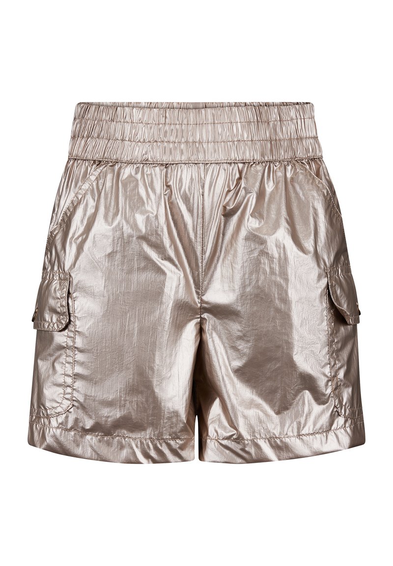 Metalen bronzen shorts met een elastische tailleband, zijzakken en twee cargozakken met een licht gekreukt textuur.