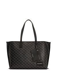 Borsa a tracolla nera realizzata in materiale testurizzato, caratterizzata da un motivo con logo ripetuto, manici lunghi e una pochette con zip rimovibile.