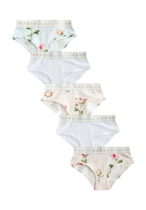 Five women's cotton briefs in alternating solid white and pastel striped floral patterns with beige elastic waistbands branded "Baker".