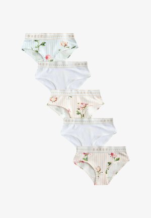 Cinco braguitas de algodón para mujer en patrones alternos de blanco sólido y flores rayadas en tonos pastel con cintura elástica beige con la marca "Baker".