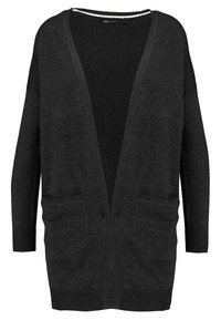 Black, long-sleeved cardigan with a deep v-neck, featuring two front pockets and ribbed cuffs. Made from a soft, textured fabric.