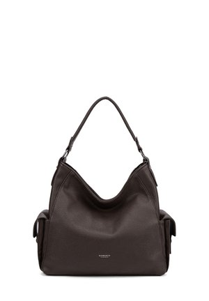 Sac à main en cuir brun foncé avec un design hobo, présentant un haut courbé, une surface texturée et une sangle réglable. Marqué du logo de la marque.