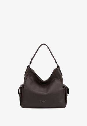 Dark brown leather handbag with a hobo design, featuring a curved top, textured surface, and adjustable strap. Marked with brand logo.