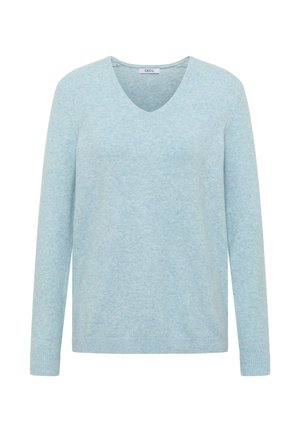 Suéter de cuello en V azul claro, hecho de una tela suave, con mangas largas y puños y dobladillo acanalados. Textura suave con un sutil patrón jaspeado.