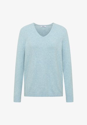 Lichtblauwe v-hals trui gemaakt van zachte stof, met lange mouwen en ribgebreide manchetten en zoom. Glad textuur met een subtiel heatherpatroon.