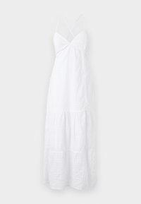 Vestido maxi blanco sin mangas con finas tiras entrecruzadas y falda de volantes, con sutil textura de bordado de ojales.