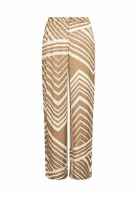 Wide-leg pants in a brown and beige zigzag pattern. Made of soft fabric with an elastic waistband. Smooth texture and lightweight design.