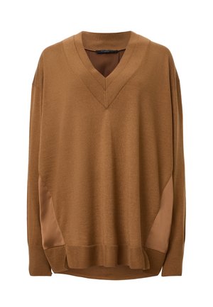 Maglione a V in una ricca tonalità di marrone, con maniche lunghe, un tessuto a maglia testurizzato e dettagli in tessuto liscio a contrasto sui lati.