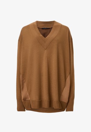 Maglione a V in una ricca tonalità di marrone, con maniche lunghe, un tessuto a maglia testurizzato e dettagli in tessuto liscio a contrasto sui lati.