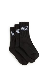 Sorte bomuldsstrømper, tre-pak, med ribbede manchetter og hvid "VANS" logo langs toppen. Glat tekstur, standard crew-længde.