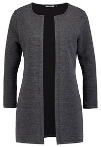 Šedý žebrovaný cardigan s dlouhými rukávy, otevřeným předním dílem a černou vnitřní vrstvou. Měkká textura, střední délka, vhodný pro vrstvení.