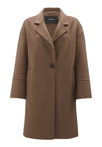 Brown wool coat with a lapel collar, single button closure, dropped shoulders, two side pockets, and a soft texture.