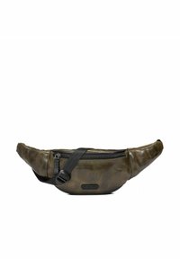 Zielona oliwkowa nerka z syntetycznej skóry o zaokrąglonym kształcie, z regulowanym czarnym paskiem oraz przednią kieszenią na zamek błyskawiczny. Posiada fakturowaną powierzchnię.