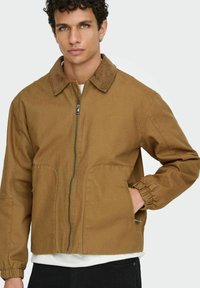 Mlad moški nosi rjav zadrgo jakno s korduroj ovratnikom, belo srajco spodaj, ena roka pa mu je v žepu jakne.