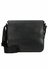 Borsa a tracolla nera in pelle con una finitura liscia, tracolla in tessuto regolabile, chiusura a pattina magnetica e logo impresso sul davanti.