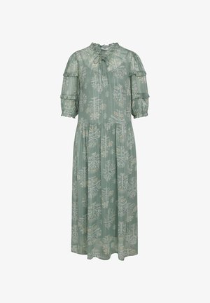 Groene bloemenjurk met een ruches-halslijn, korte ballonmouwen en een gelaagde rok. Gemaakt van een lichtgewicht stof met verticale strepen.
