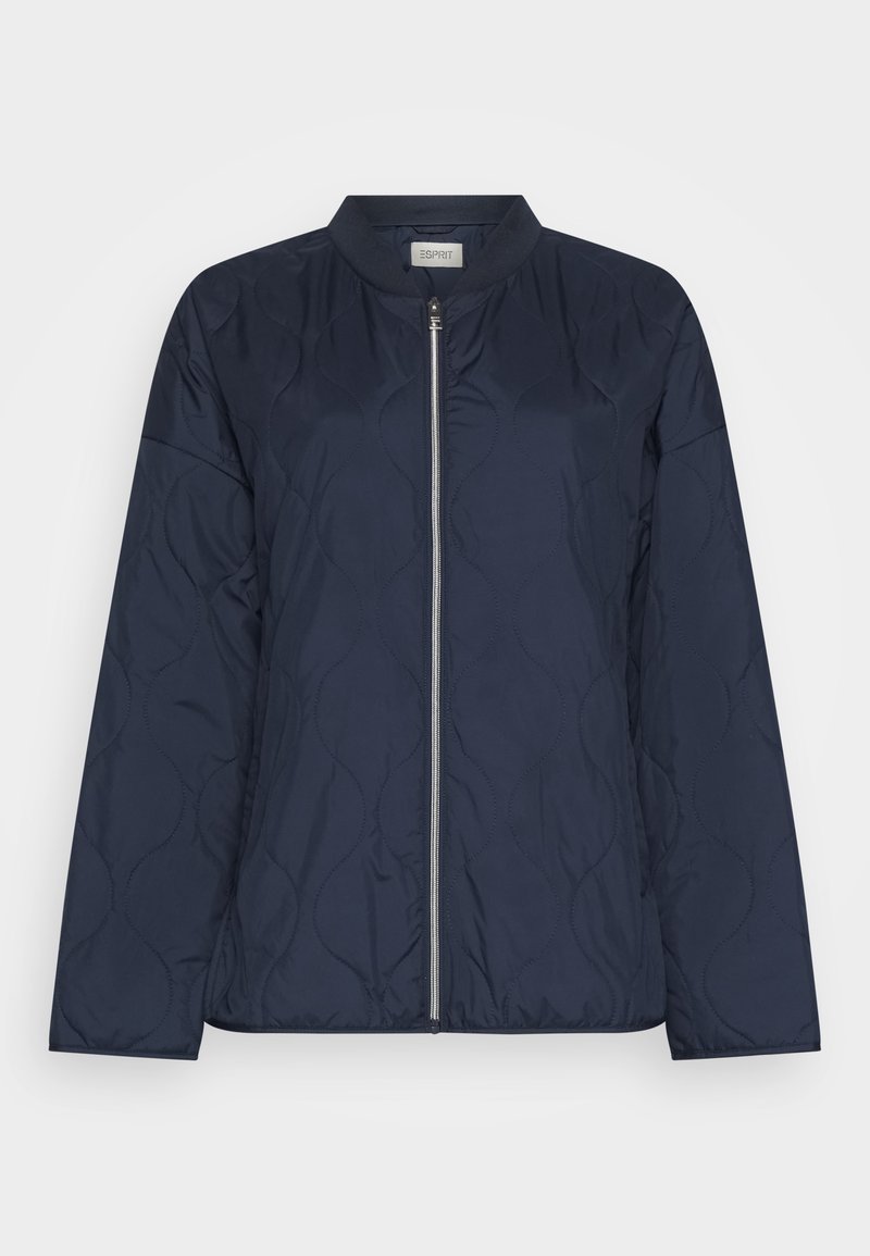 Giacca trapuntata blu navy con collo rotondo, chiusura con zip e motivo cucito a onde, dotata di maniche lunghe e una texture liscia.