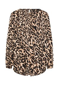 Blouse ample à manches longues arborant un imprimé léopard en noir, beige et crème. Tissu doux, encolure ronde et détails plissés.