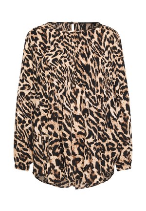 Blouse ample à manches longues arborant un imprimé léopard en noir, beige et crème. Tissu doux, encolure ronde et détails plissés.