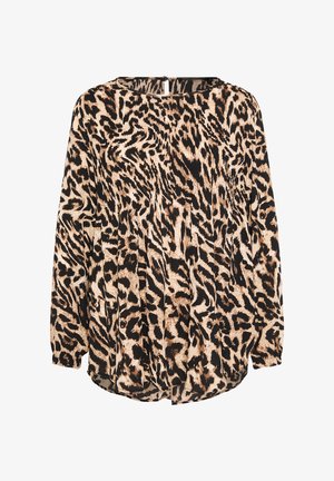 Blusa a maniche lunghe dal taglio morbido con stampa leopardata in nero, beige e crema. Tessuto morbido, scollatura rotonda e dettaglio di design plissettato.