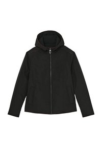 Schwarze Kapuzenjacke mit glatter Textur, Frontreißverschluss und zwei Seitentaschen. Akzentuiert durch eine kontrastierende Umrandung entlang der Kapuze.