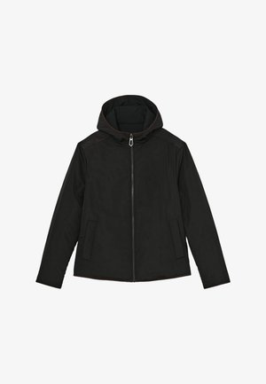 Fekete kapucnis dzseki, sima felülettel, elülső cipzárral és két oldalzsebbel. A kapucni mentén kontrasztos szegéllyel díszített.