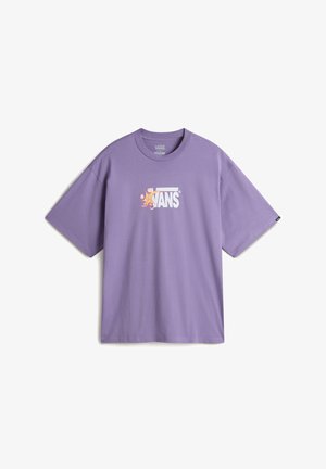 T-shirt in cotone viola con maniche corte e collo rotondo. Presenta un logo Vans bianco centrale con accenti colorati. Texture morbida, vestibilità comoda.