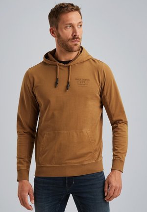 Brown hooded sweatshirt made of cotton blend, featuring a front pocket, adjustable drawstrings, and a small logo on the chest.