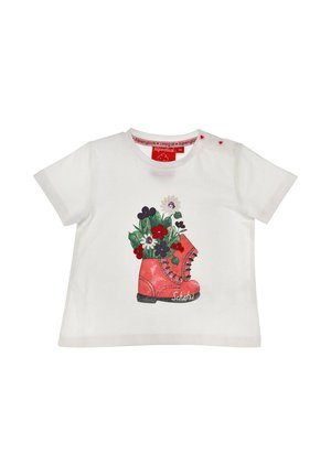 White toddler t-shirt with red boot graphic filled with green leaves and red, purple, and white flowers, and small red heart buttons near collar.