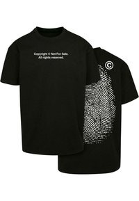 Black cotton t-shirt featuring a white fingerprint design across the back and a copyright text on the front. Classic crew neckline.
