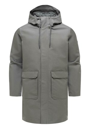 Grå kne-lang regnjakke med hette, glidelås foran, snøring i hetten og to store klaffelommer foran.