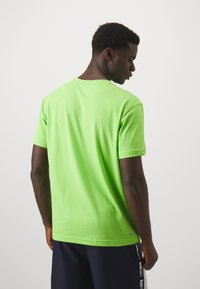 T-shirt a maniche corte in cotone verde brillante. Collo tondo, texture liscia, design semplice. Schiena liscia, senza ulteriori modelli o accenti.