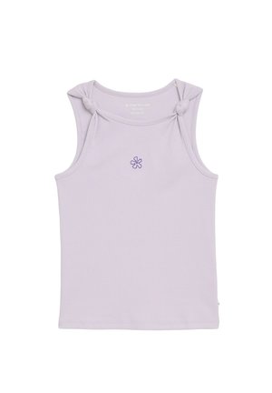 Lilac ribbed sleeveless top with shoulder knots and small embroidered purple flower at center front.