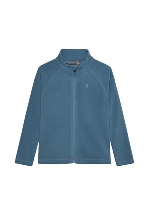 Fleecejacke in gedämpftem Blau, mit durchgehendem Reißverschluss, Stehkragen und Raglanärmeln. Glatte Textur mit verstärkten Nahtdetails.