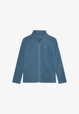 Fleecejacke in gedämpftem Blau, mit durchgehendem Reißverschluss, Stehkragen und Raglanärmeln. Glatte Textur mit verstärkten Nahtdetails.