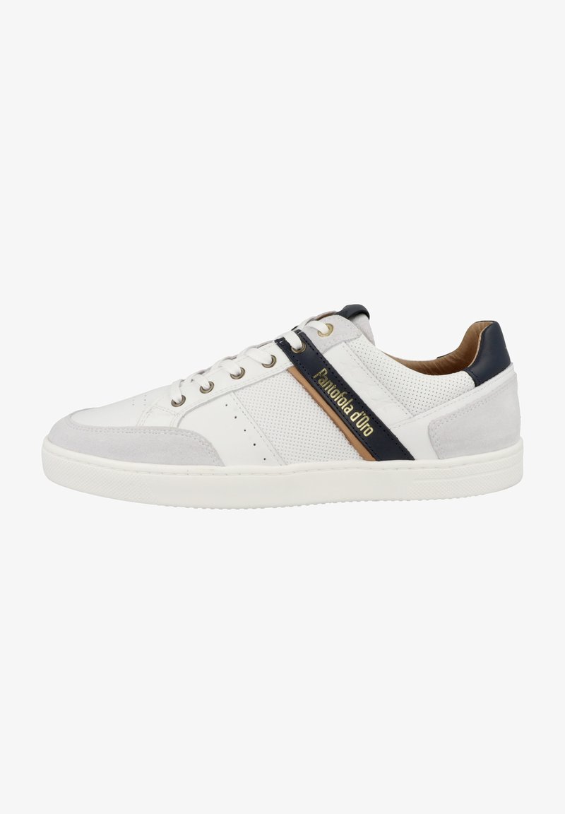 White leather sneaker with gray suede accents, perforated side panels, navy stripe, and gold branding. Lace-up design with rubber sole.
