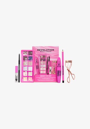 Set de maquillage avec palette de fards à paupières, mascara pour cils, gel pour sourcils, crayon eye-liner, pinceau et recourbe-cils dans des tons roses et or rose.