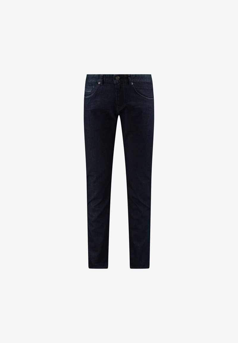 Dark blue denim jeans with a slim fit, featuring front pockets and a button closure. The texture is smooth with minimal visible stitching.