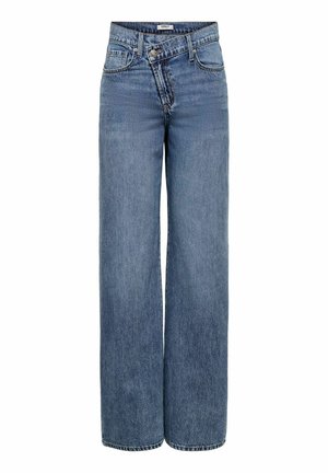 Jean denim bleu taille haute avec jambes larges, fermeture avant par boutons et fermeture éclair, passants de ceinture, et design à cinq poches.