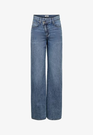Jean denim bleu taille haute avec jambes larges, fermeture avant par boutons et fermeture éclair, passants de ceinture, et design à cinq poches.