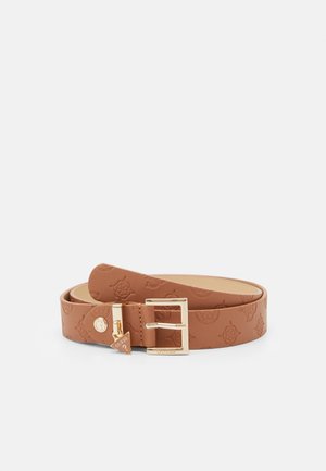 Brown leather belt with embossed floral patterns, gold rectangular buckle, and a small gold triangle charm engraved with "GUESS".