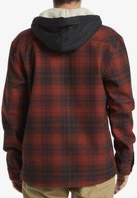 Flannel jacket with red and black plaid pattern, features a grey hood lined with cream faux fur, long sleeves, and button cuffs.