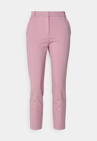 Pink tailored trousers with a smooth texture, slim fit, and a mid-rise waistband. Features classic front pockets and a clean design.