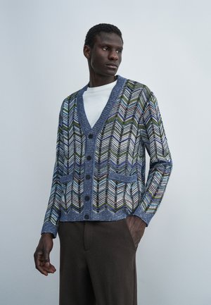 Man wearing a blue patterned knit cardigan with buttons over a white shirt and dark trousers, looking to the side with one hand in pocket.