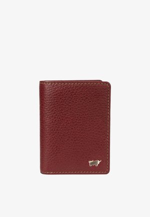 Portafoglio in pelle color borgogna con finitura testurizzata, forma rettangolare, cuciture a contrasto e piccolo emblema metallico a forma di toro nell'angolo inferiore.